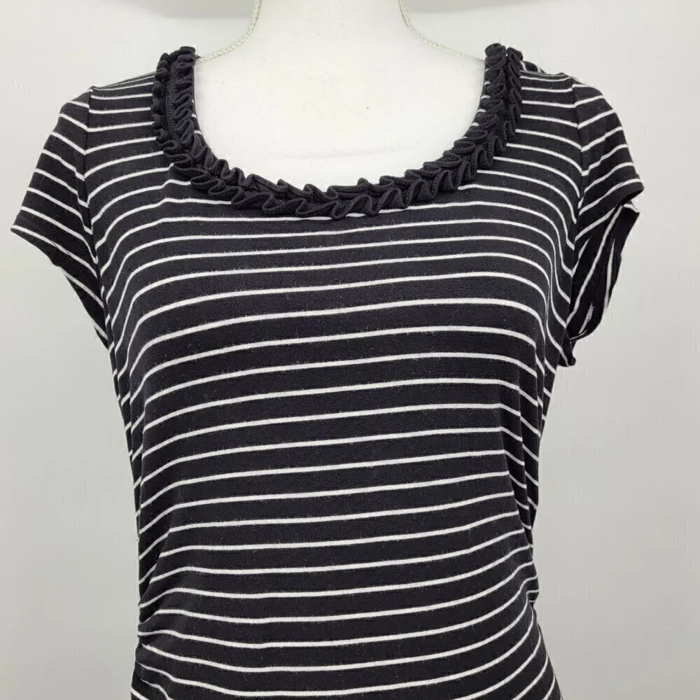 WHBM Ruffle Neckline Black & White Striped Tee - Picture 6 of 11